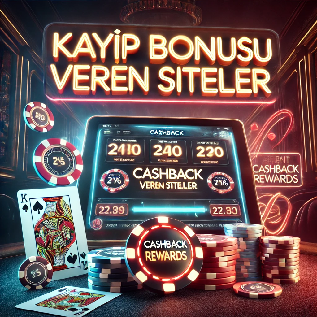 Lüks casino temalı kayıp bonusu veren siteler görseli, poker fişleri ve parlak tabela içeriyor