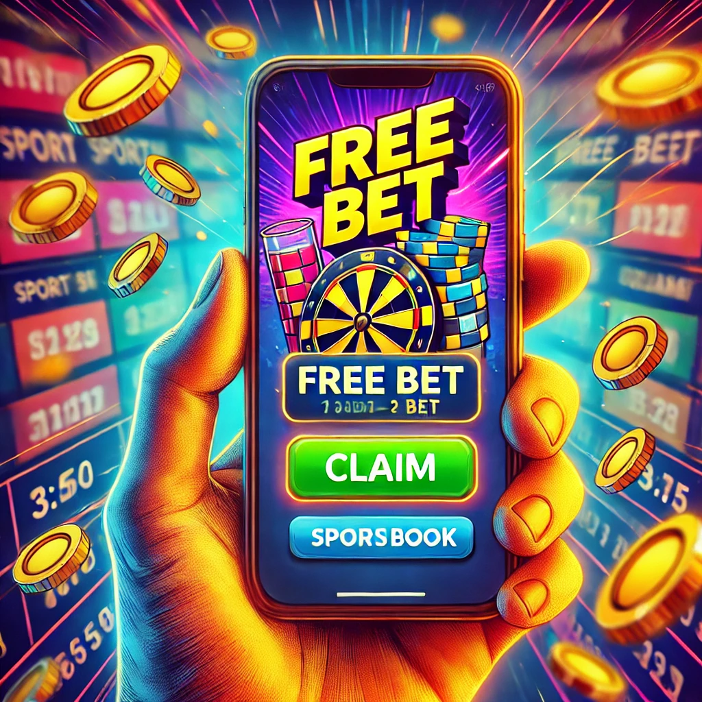 Bir oyuncunun elinde tuttuğu telefonda bahis uygulamasının sunduğu ‘Free Bet’ promosyonu, etrafında uçuşan altın paralar.