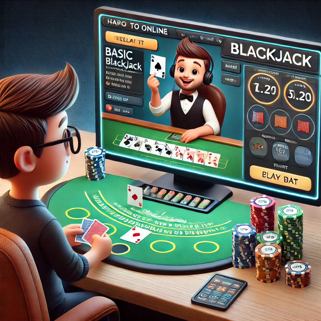 Yeni bir oyuncu online blackjack oynamayı öğrenirken, ekranında temel kurallar ve strateji ipuçları görüntüleniyor.