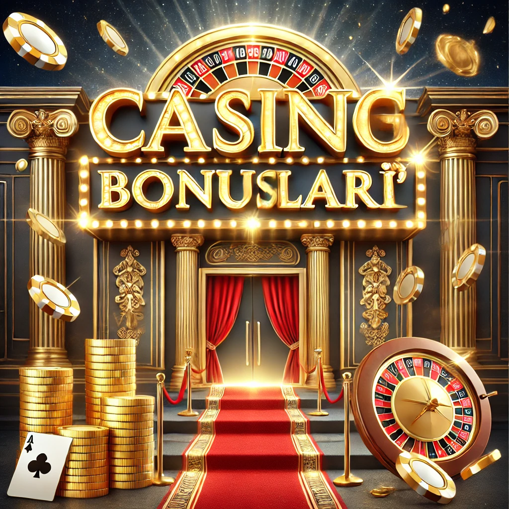 Altın harflerle yazılmış “Casino Bonusları” metni, VIP casino girişi, kırmızı halı, gökten düşen altın paralar, poker fişleri ve rulet çarkı içeren lüks bir casino ortamı.